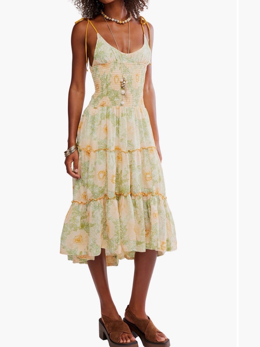 Free People Tiered Floral Midi Dress in Light Green and Yellow